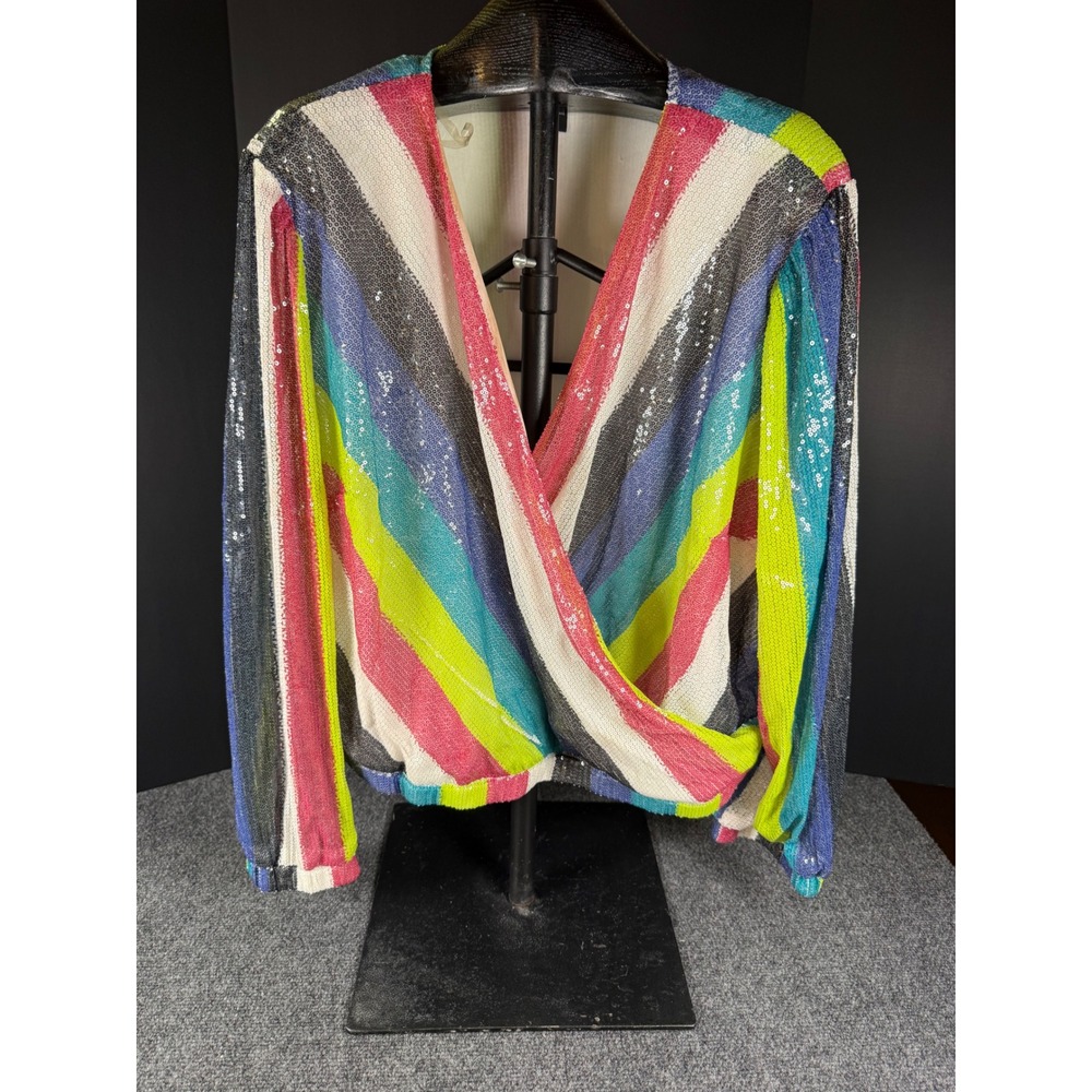 Ashley Stewart Rainbow Sequin Wrap Top Plus Size 24 Long Sleeve Stripe Blouse
